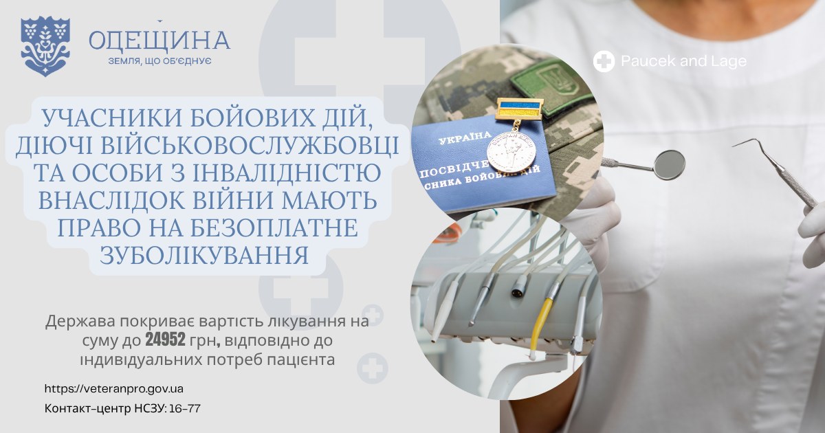 Учасники бойових дій, діючі військовослужбовці та особи з інвалідністю внаслідок війни мають право на безоплатне зуболікування у межах державної програми.